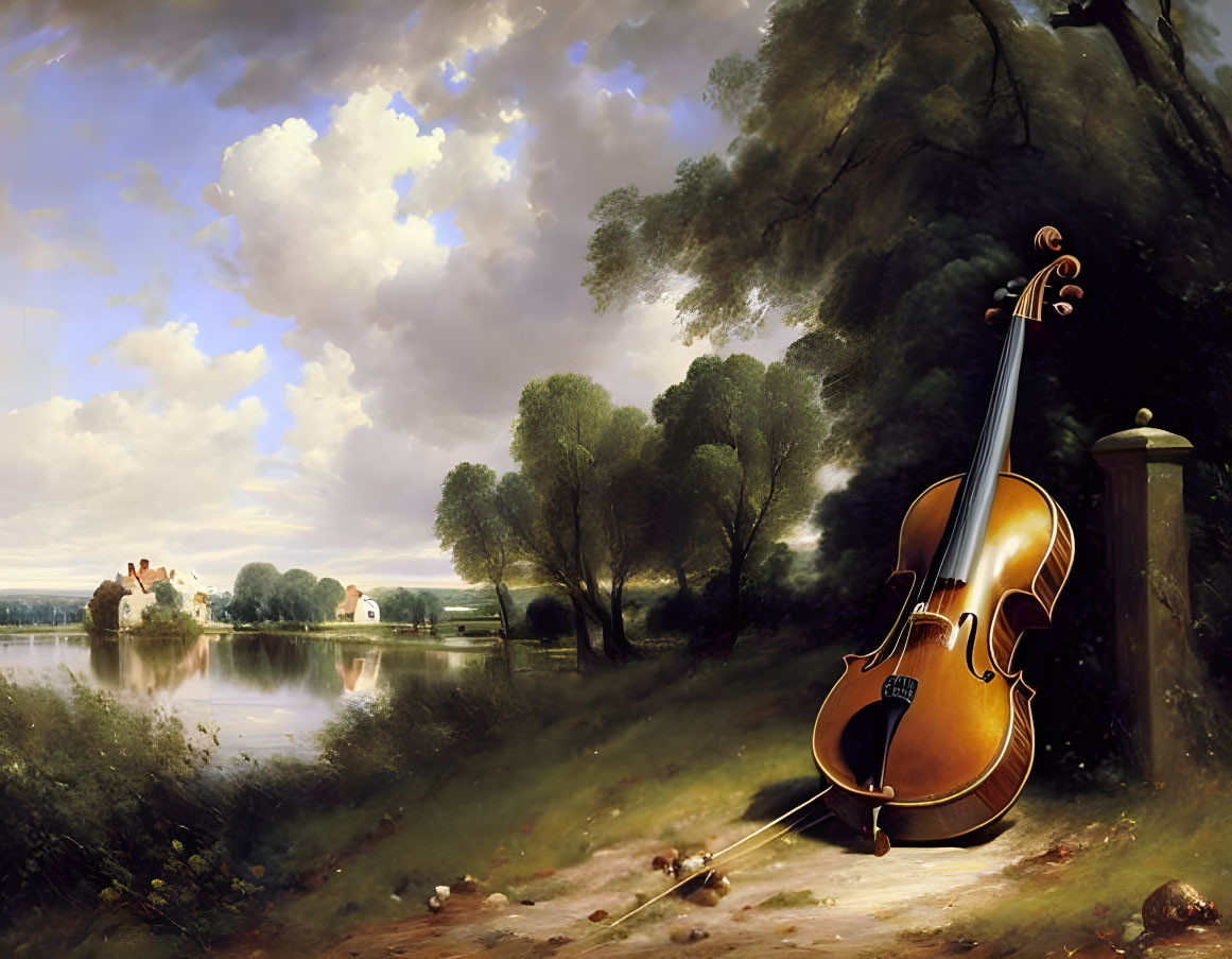 Tranquil landscape with violin and bow by lake after storm