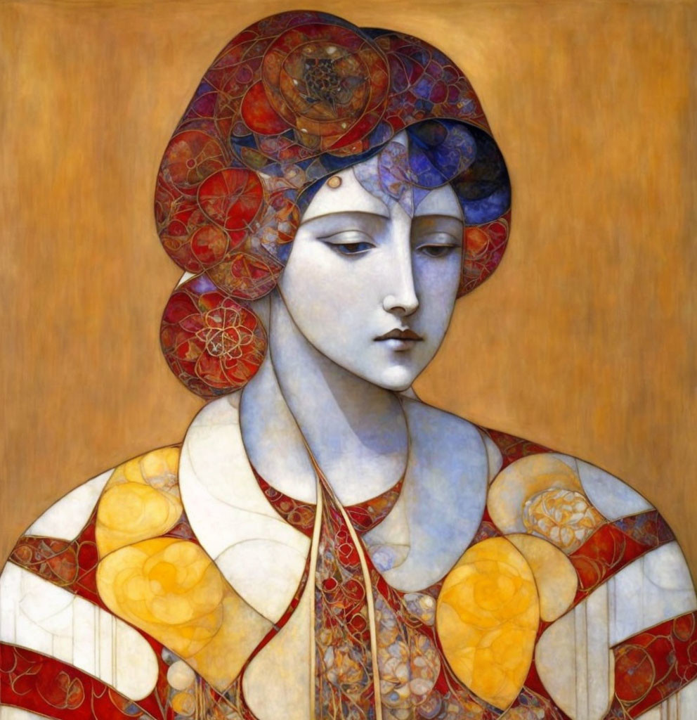 Intricate Art Nouveau-style painting of a woman with patterned headdress and cloak