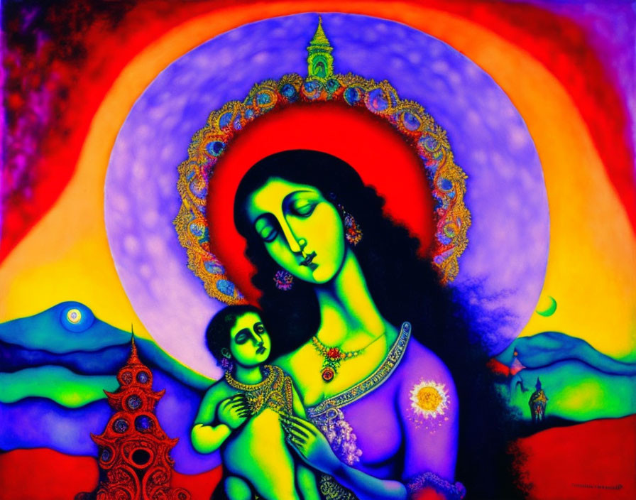 Colorful painting of woman with halo and child in surreal landscape