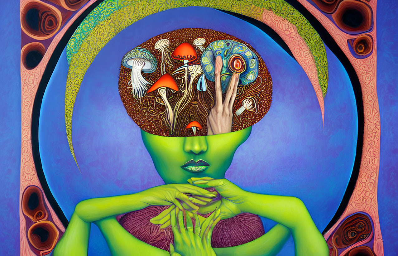 Vibrant surreal painting of green figure with mushroom patterns