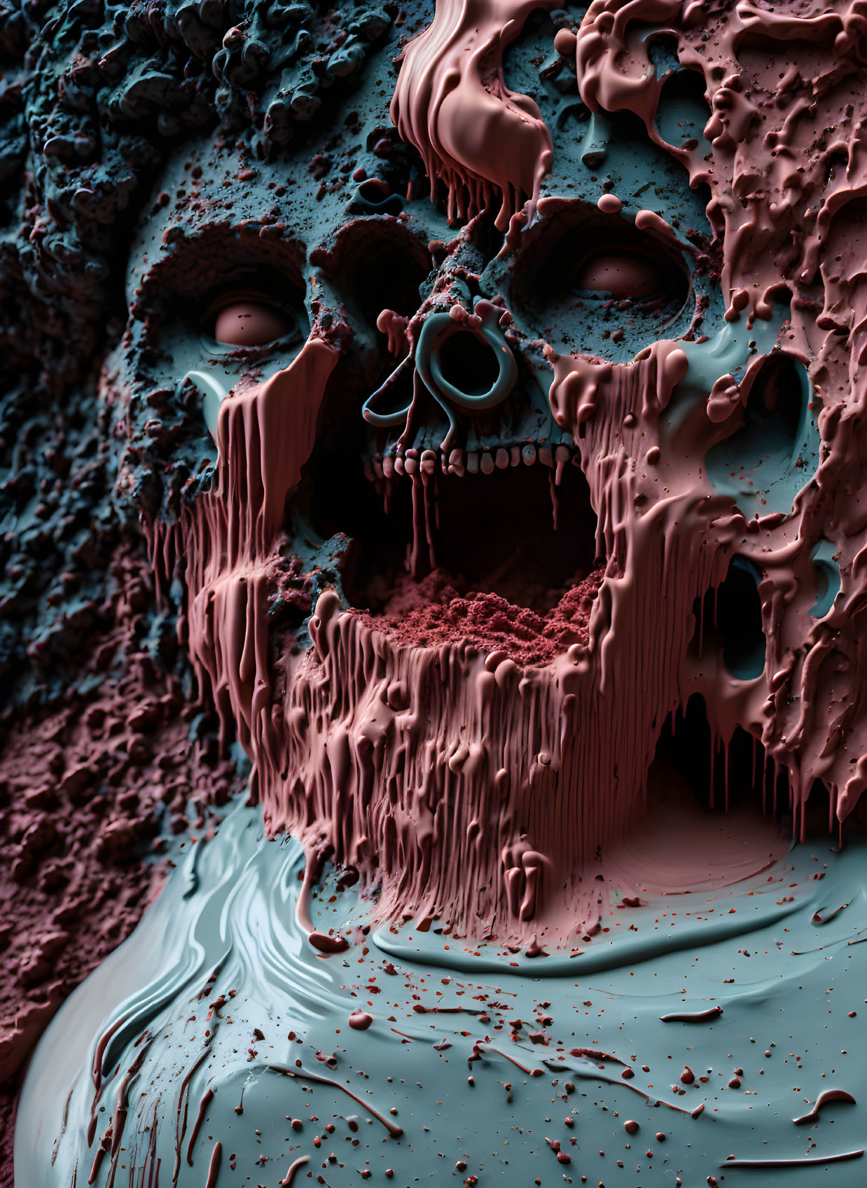 Surrealistic 3D skull illustration with melting textures in dark blue and red