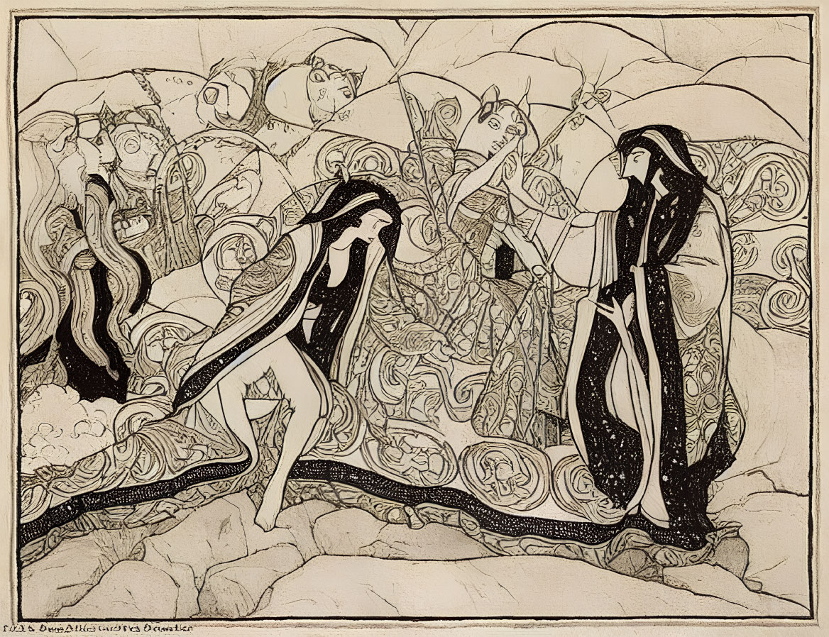 Detailed Black and White Illustration of Stylized Figures