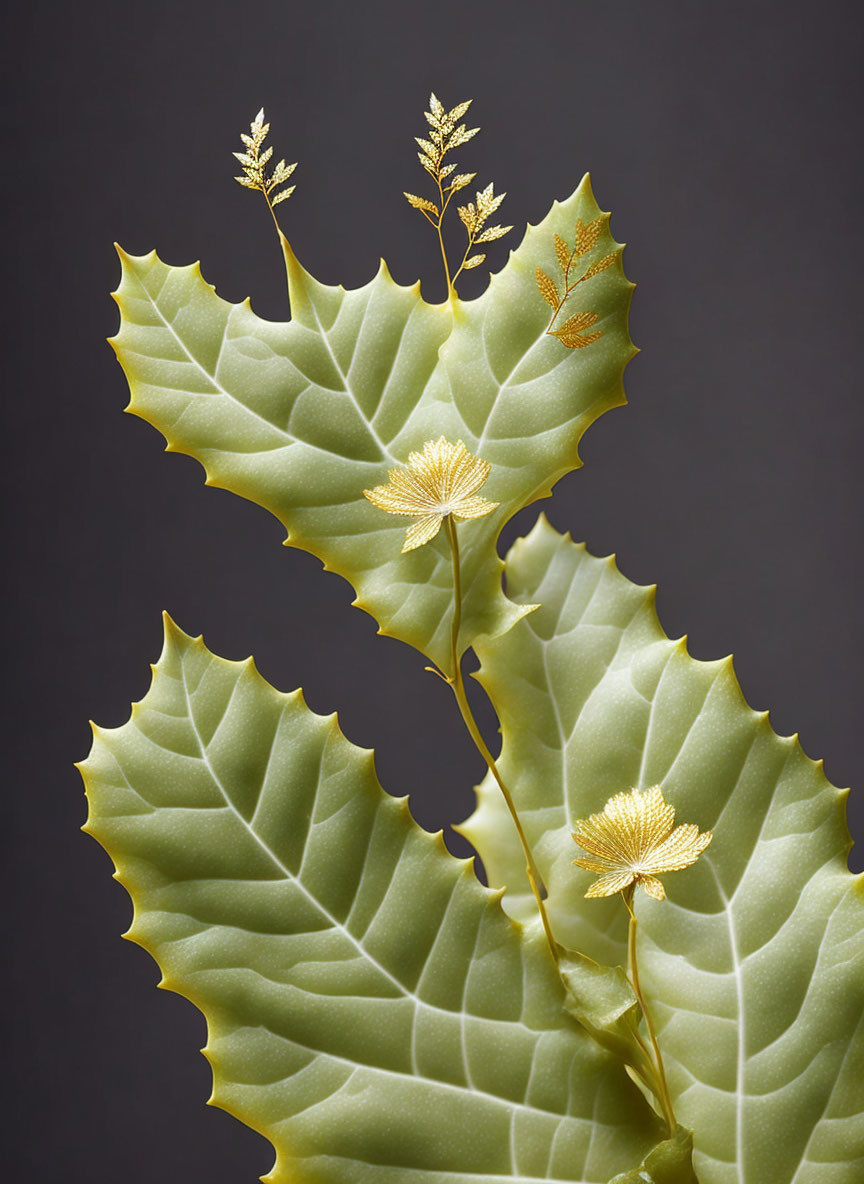 Detailed Image of Three Green Leaves with Yellow Blooms on Dark Background