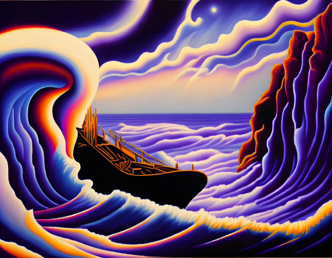 Vividly colored surreal painting of a ship in wavy sea under crescent moon