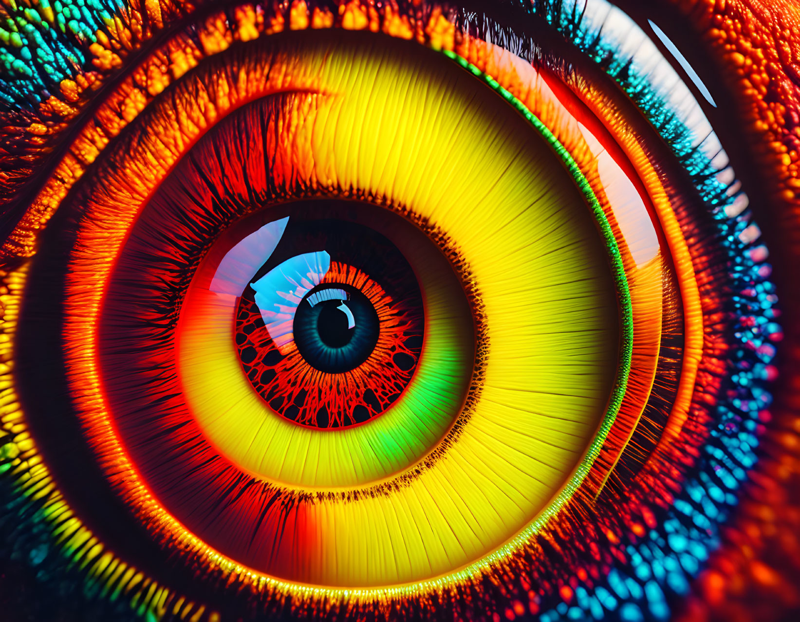 Close-up of vibrant human eye with digitally enhanced multicolored iris.