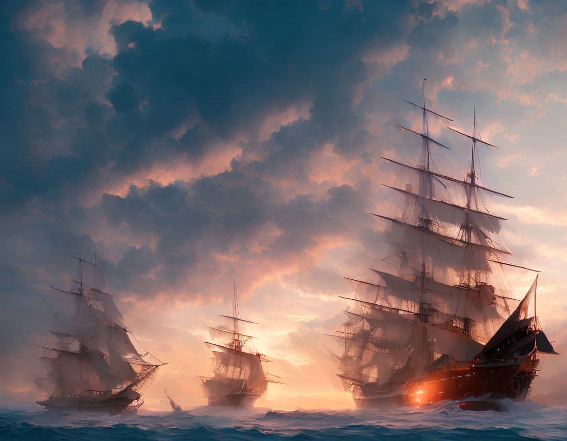 Tall ships with full sails in fiery sunset waters