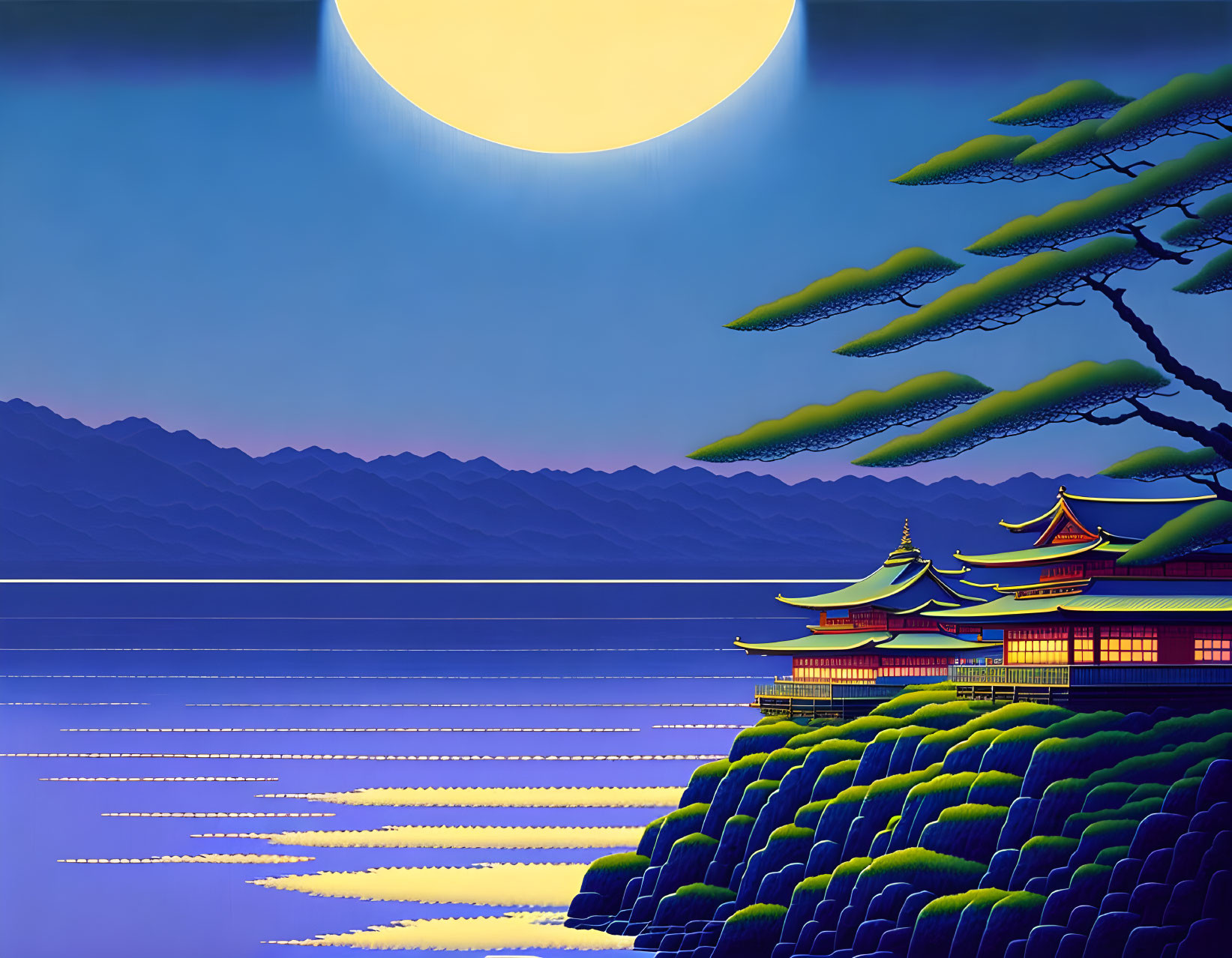 Serene lake scene with bright moon and traditional architecture