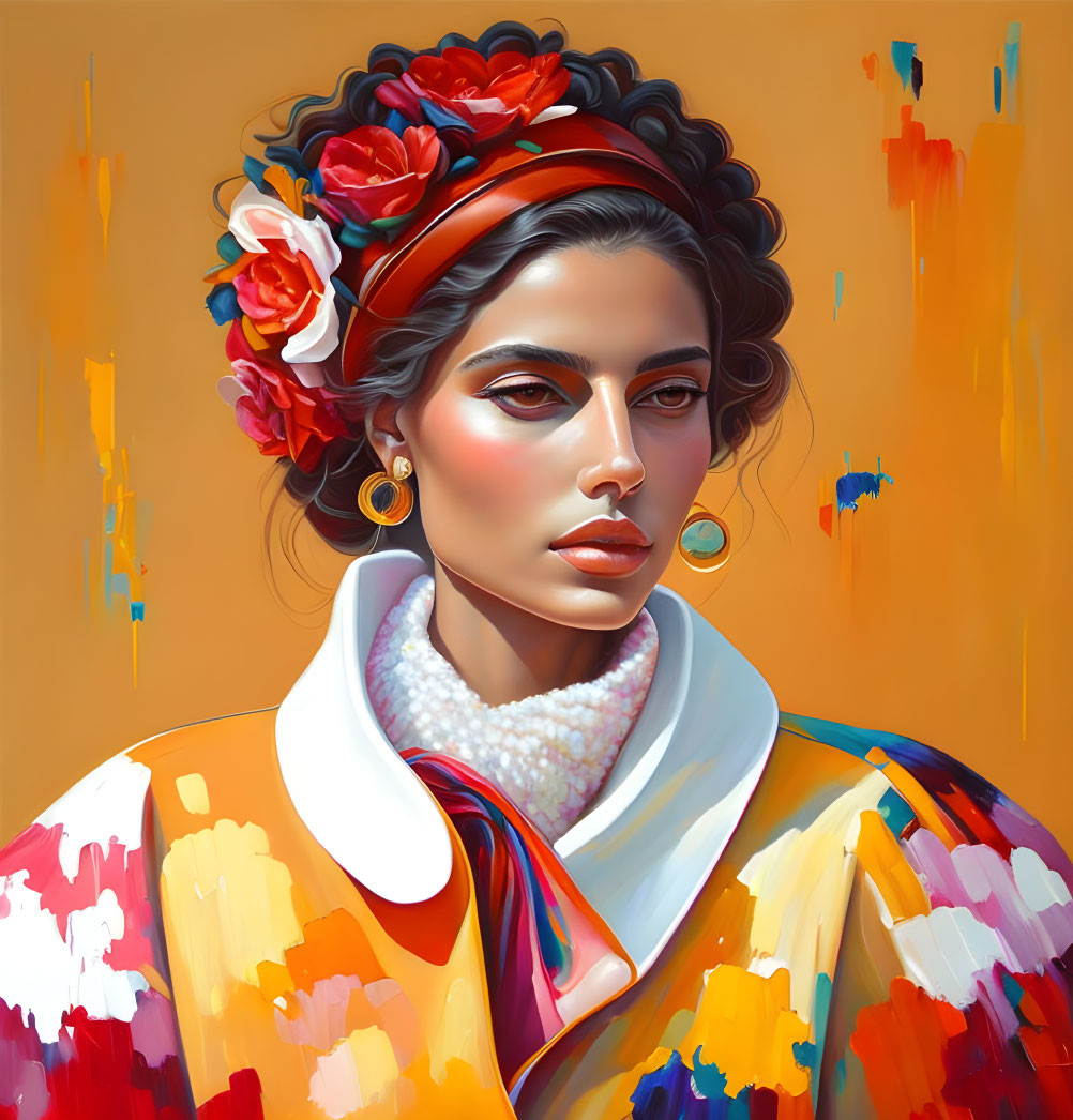 Colorful digital portrait of a woman with red flowers, striking makeup, and gold earrings on orange backdrop