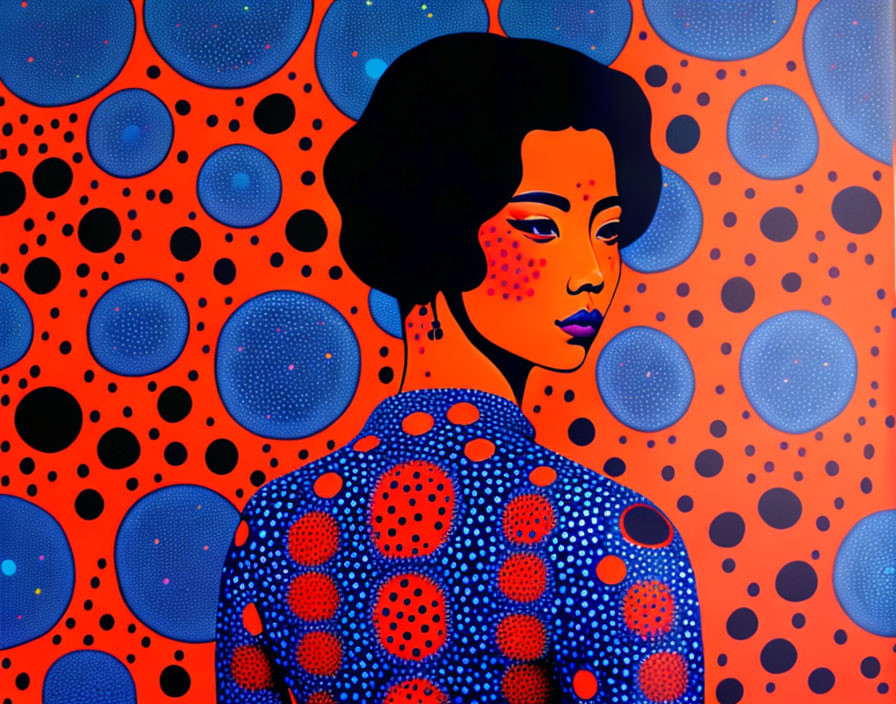 Colorful Stylized Portrait of Woman on Red Background with Blue Circles Pattern