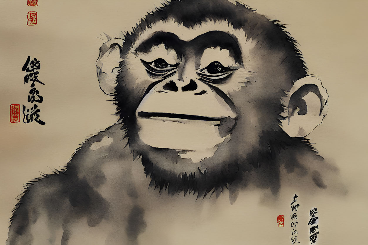 Young chimpanzee portrayed in ink wash with Chinese calligraphy and red seals.