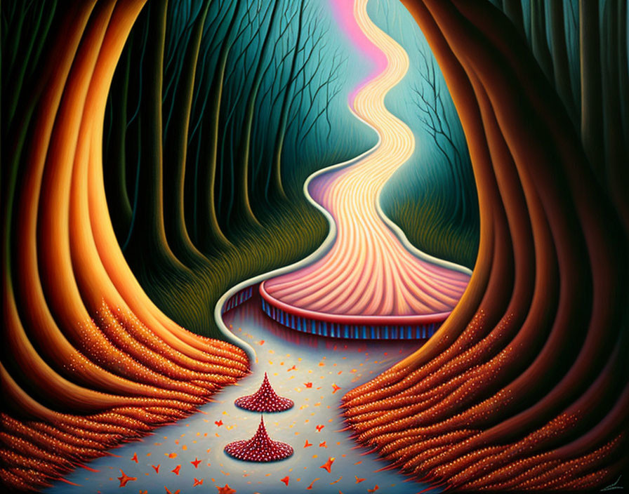 Surreal painting of mystical forest with giant trees and red-capped mushrooms