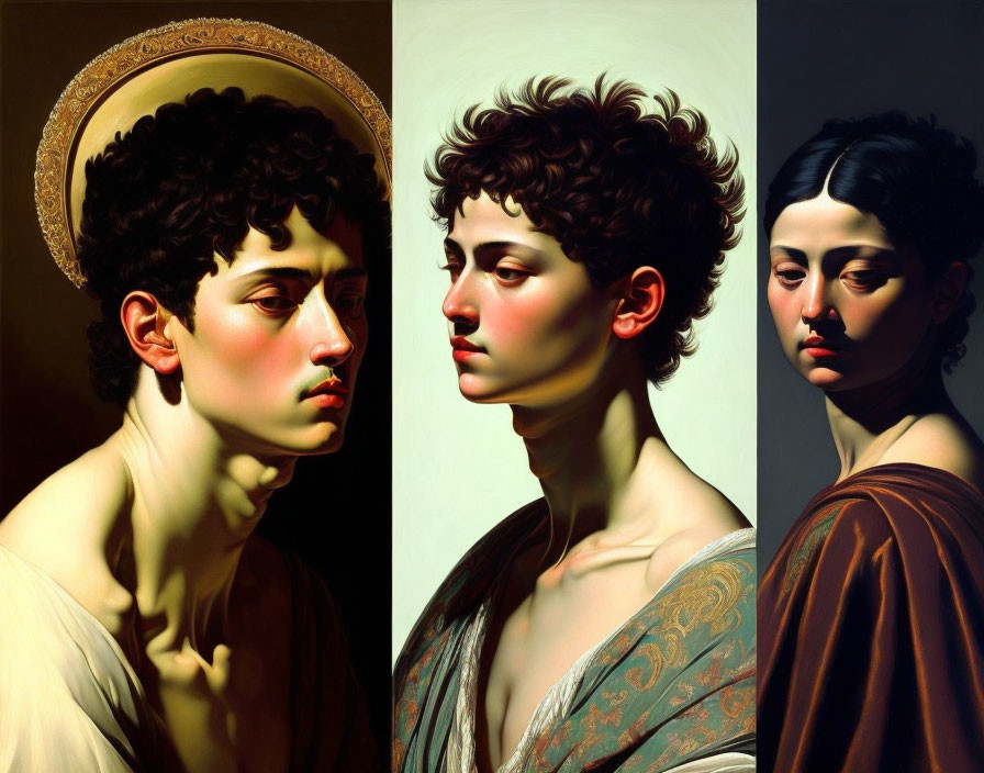 Triptych of Portrait Paintings with Halo, Forward Gaze, and Shadow Profile