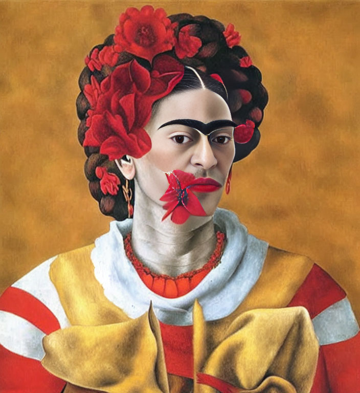 Stylized portrait of Frida Kahlo fusion with red flower in mouth and Renaissance outfit on gold