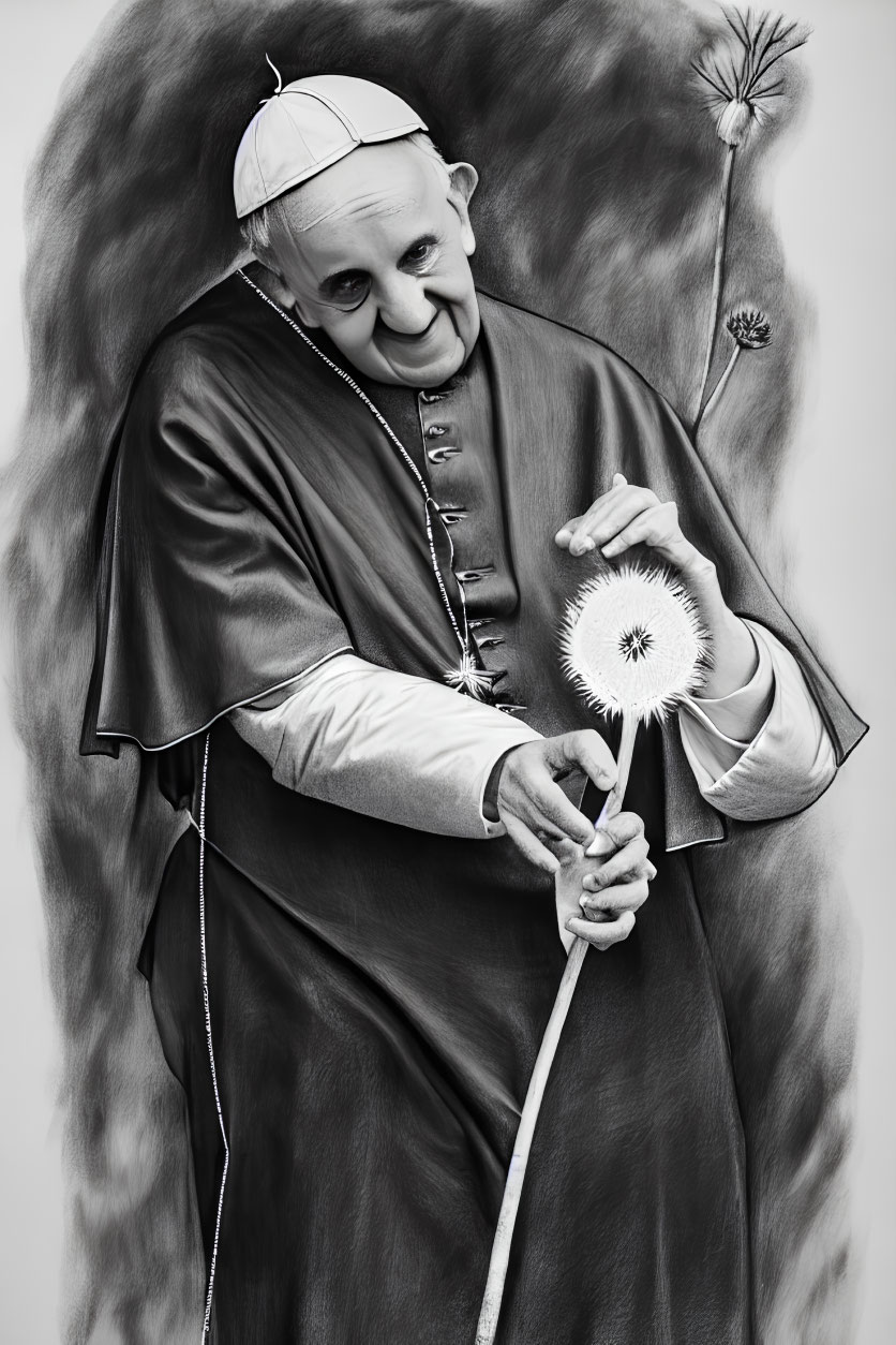 Monochromatic smiling person in papal attire with dandelion clock on textured background