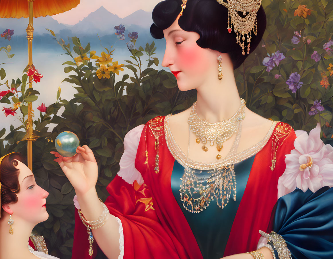 Vintage attired women with intricate jewelry examining a blue orb in lush flora.