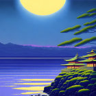 Serene lake scene with bright moon and traditional architecture