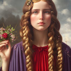 Surreal portrait of girl with rosy cheeks, braided hair, jewelry, purple cloak,