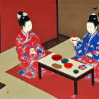 Traditional tea ceremony with individuals in cultural attire on tatami flooring