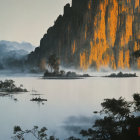 Misty Landscape with Ochre Cliffs and Solitary Tree