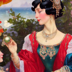 Vintage attired women with intricate jewelry examining a blue orb in lush flora.