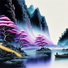 Tranquil landscape with purple trees, river boats, misty mountains, and lone figure