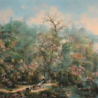 Misty landscape painting with waterfall, trees, and ethereal houses