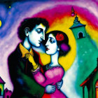 Vibrant painting of couple embracing under night sky