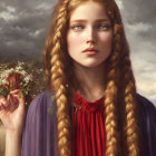 Young woman with braided hair in purple dress holding bouquet against cloudy backdrop