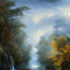 Mystical forest scene: sunbeams, fog, autumn leaves, serene river