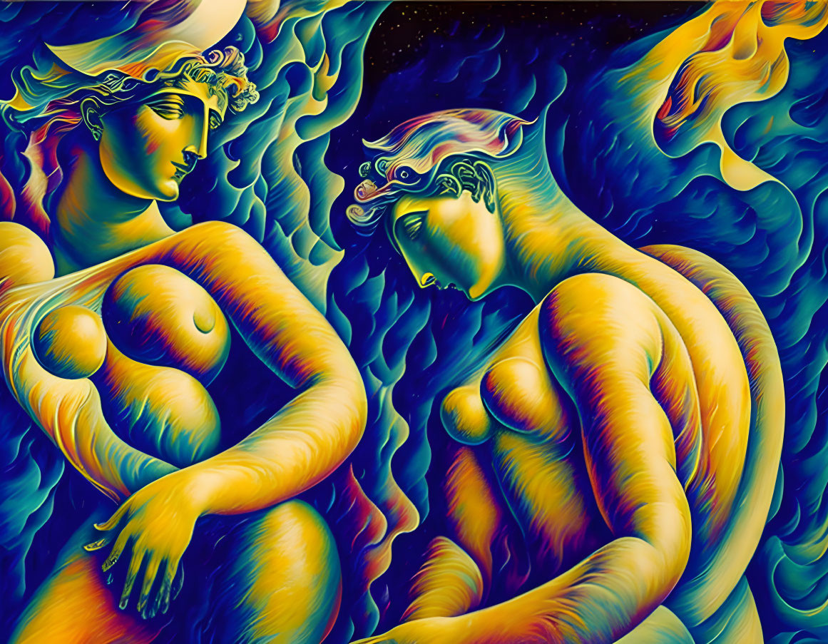 Surreal painting of two female figures in flowing lines and fiery hair