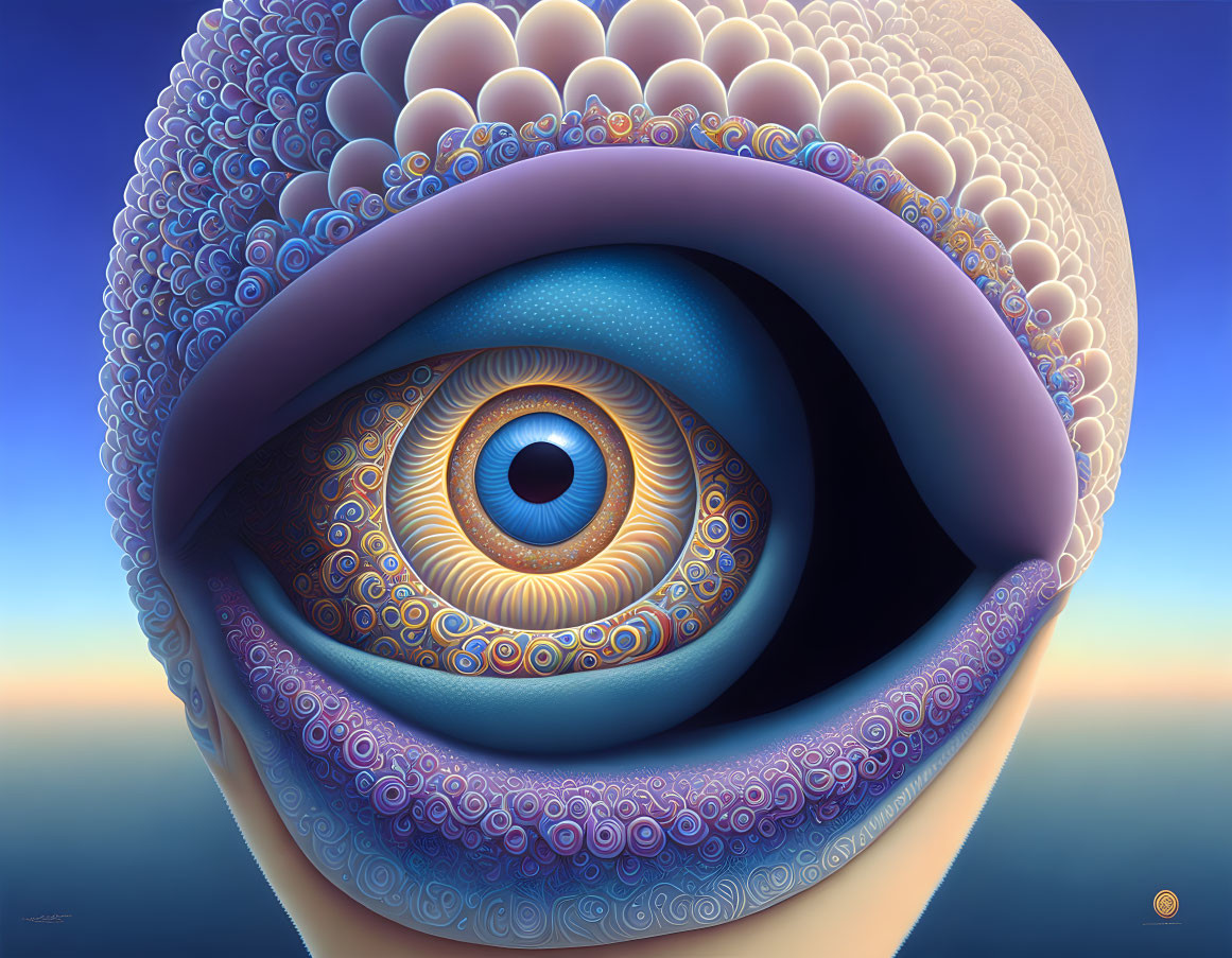 Colorful surreal eye illustration with intricate patterns on gradient sky.