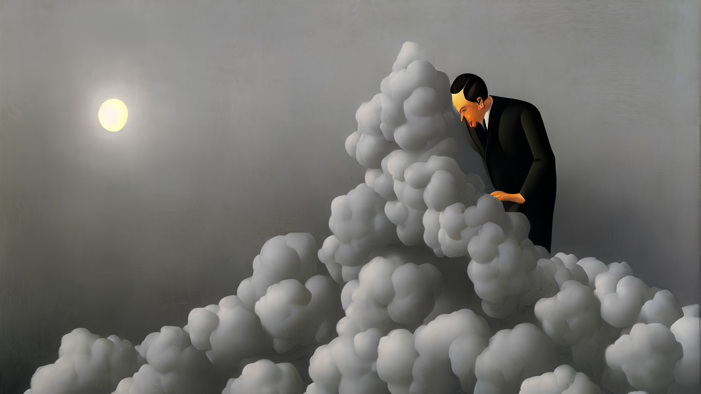 Man in suit observing fluffy cloud formations in dim light under gray sky