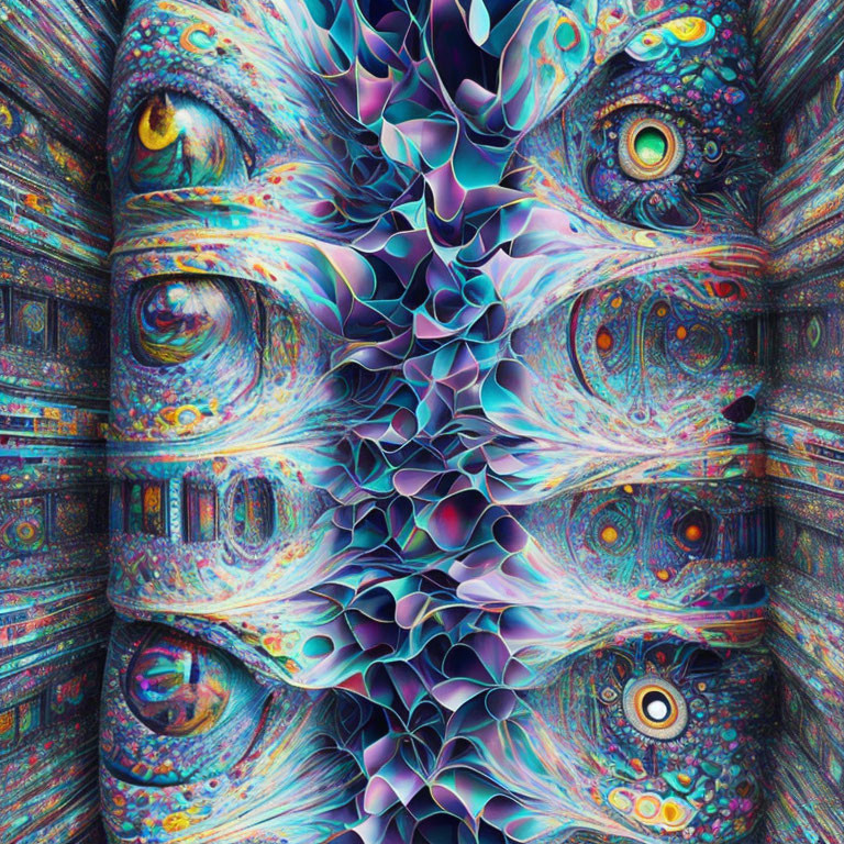 Symmetrical Abstract Digital Artwork with Vibrant Colors and Eye Motifs