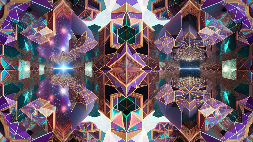 Symmetrical digital artwork with geometric shapes and vibrant colors