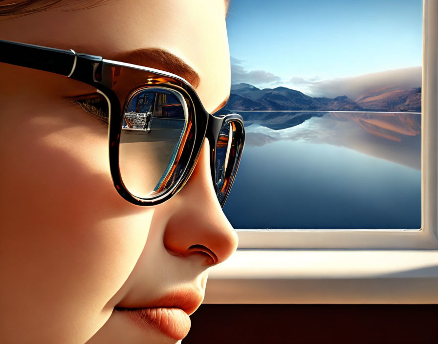 Person wearing glasses reflecting tranquil landscape with waters and mountains.