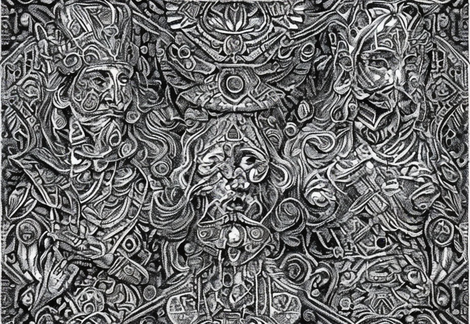 Detailed Black and White Illustration with Stylized Faces and Tribal Motifs