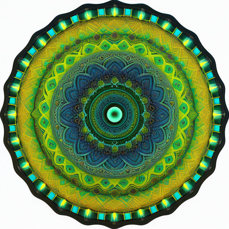 Colorful Blue, Gold, and Green Mandala with Symmetrical Patterns