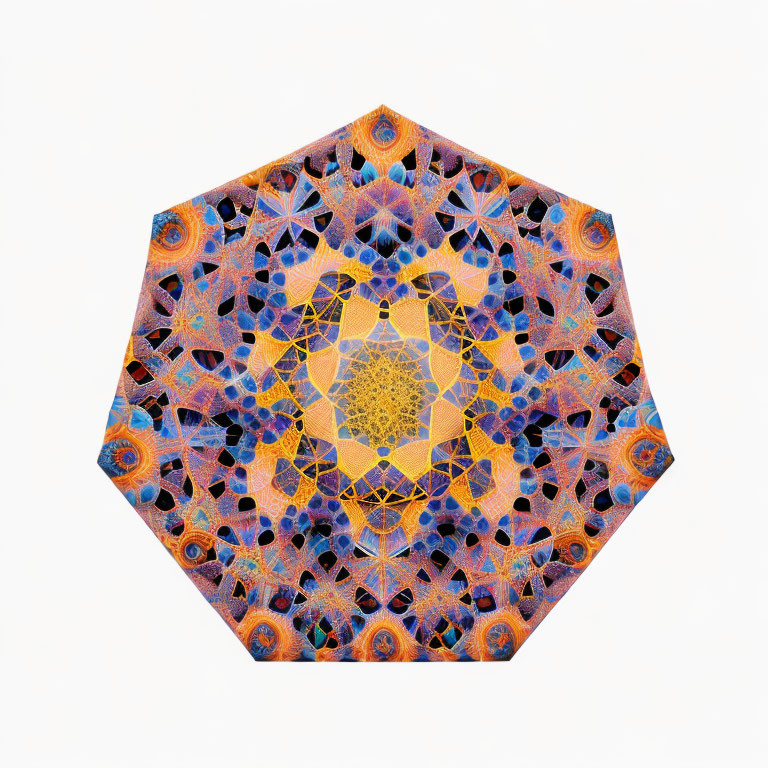 Symmetrical blue, gold, and orange mandala on white background