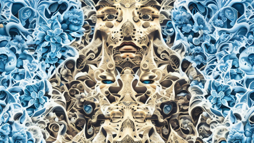 Symmetrical Blue and Beige Fractal Pattern with Floral Motifs