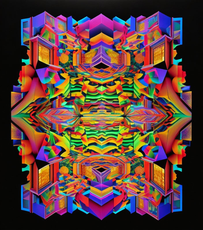 Symmetrical digital artwork with vibrant geometric patterns and neon colors