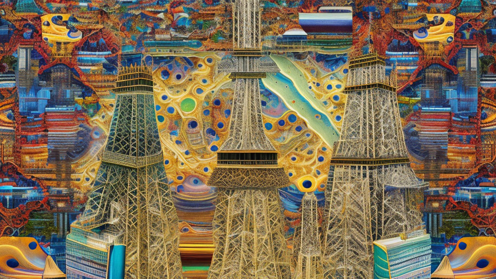 Colorful Abstract Collage with Multiple Eiffel Towers and Swirling Patterns