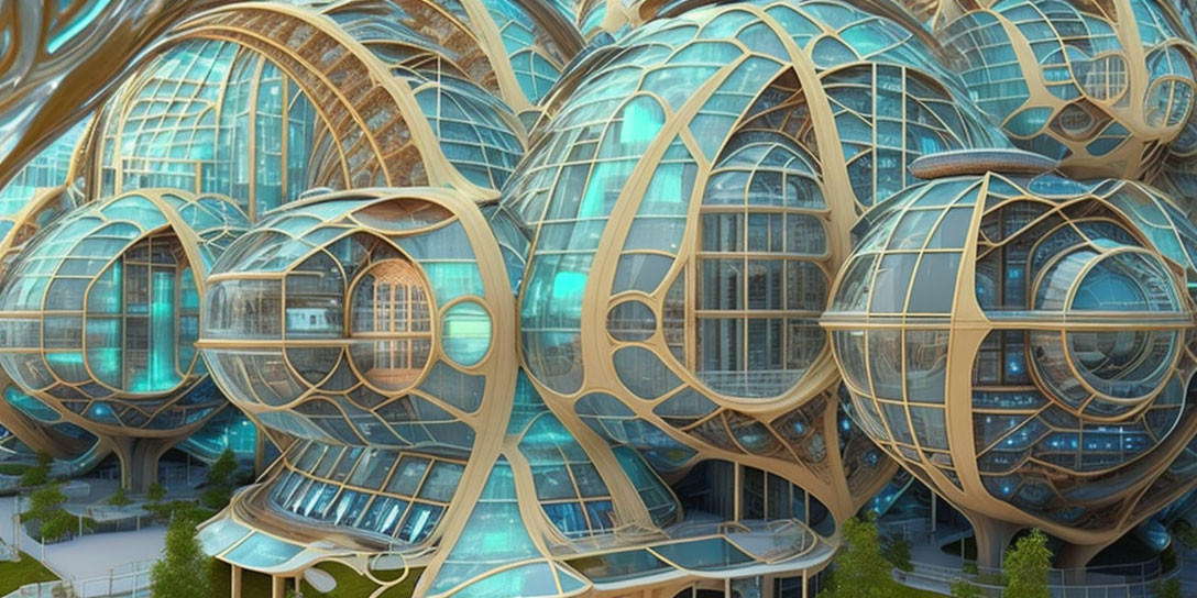 Interconnected glass and steel spherical architecture in green setting