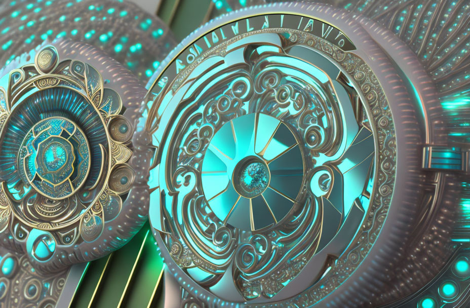 Turquoise and Silver Fractal Art with Circular Patterns