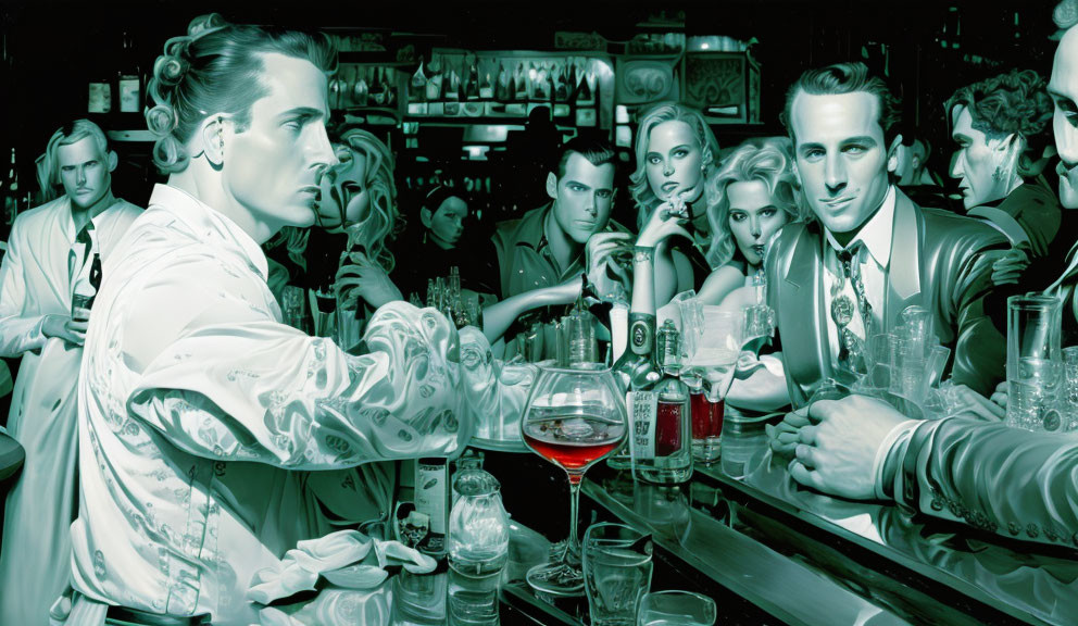 Monochrome retro bar scene with two prominent men in foreground