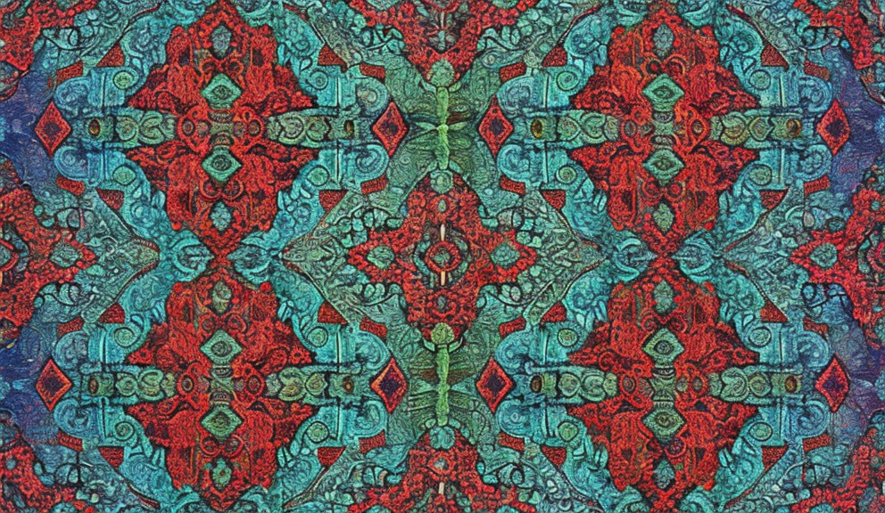 Symmetrical red and teal pattern reminiscent of traditional tapestry design