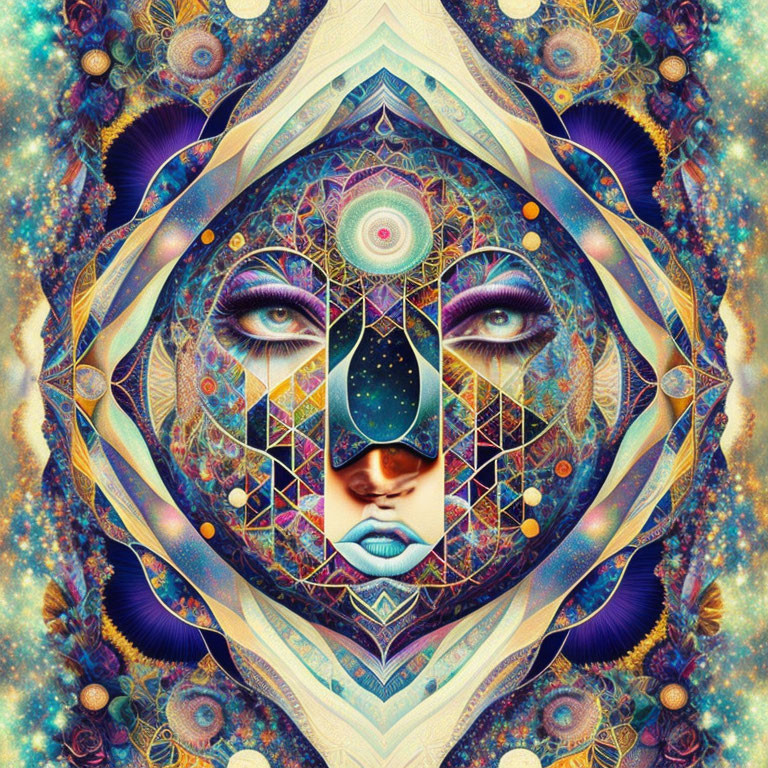 Symmetrical digital artwork with cosmic and geometric elements