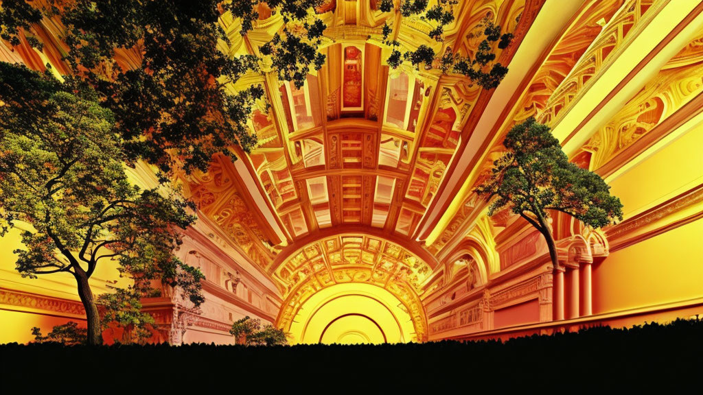 Detailed golden-hued ceiling with ornate designs, surreal orange sky, and inverted landscape.