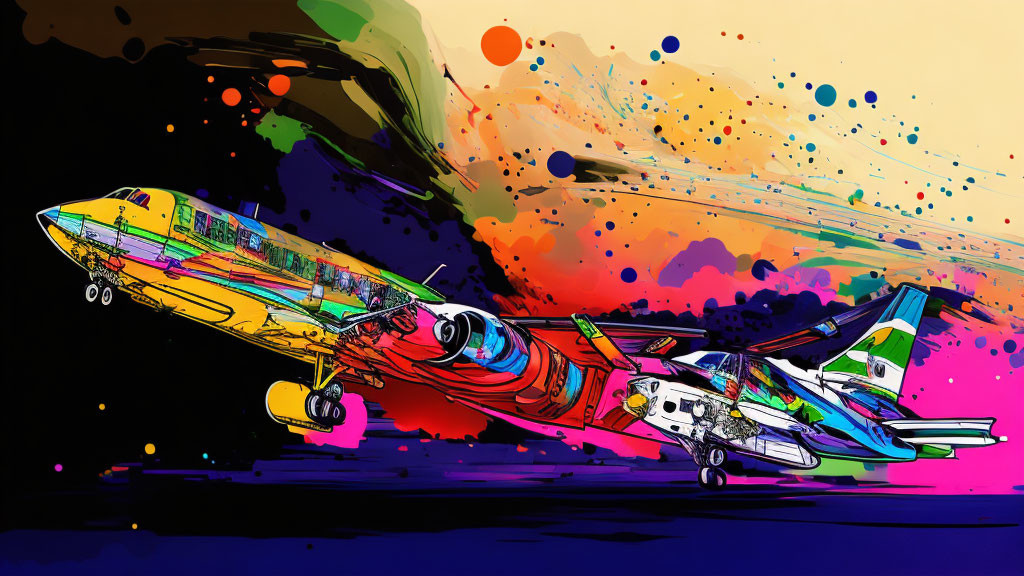 Colorful Abstract Airplane Illustration with Dynamic Splatter Effects