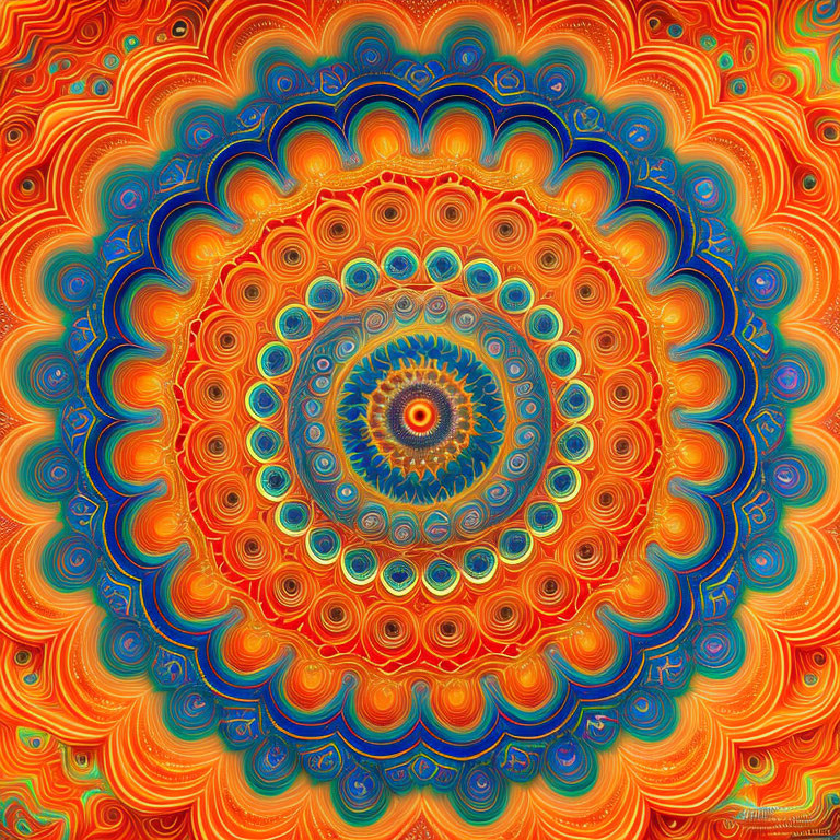 Colorful Mandala Design with Red, Orange, Blue, and Yellow Patterns