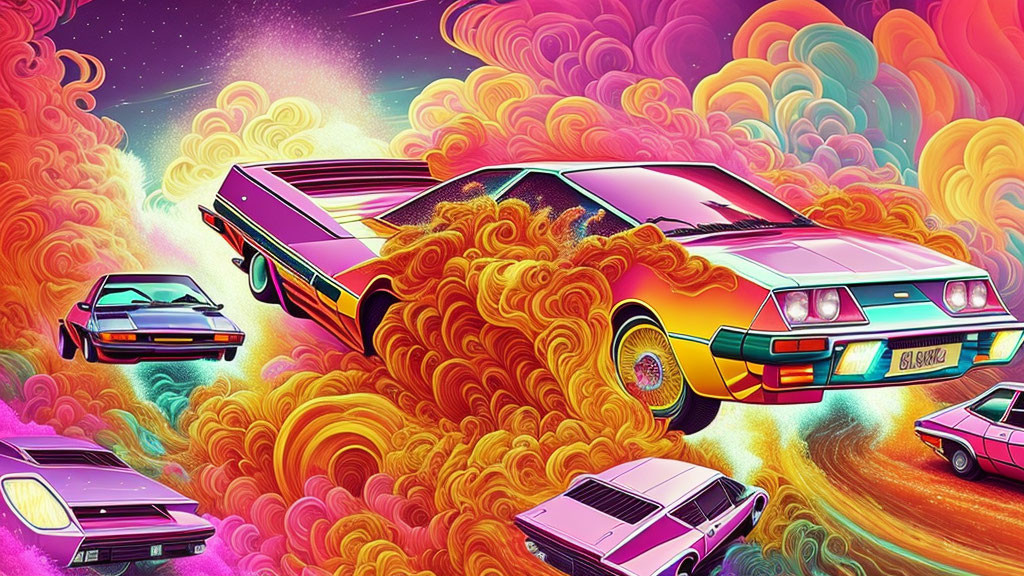 Retro-futuristic image: Classic cars in psychedelic landscape